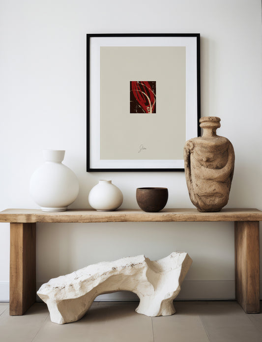 Decorative setup with vases and a framed artwork on a wooden shelf against a white wall. anna pepe, artist, contemporary art, printed wall art, framed prints, modern interior decor