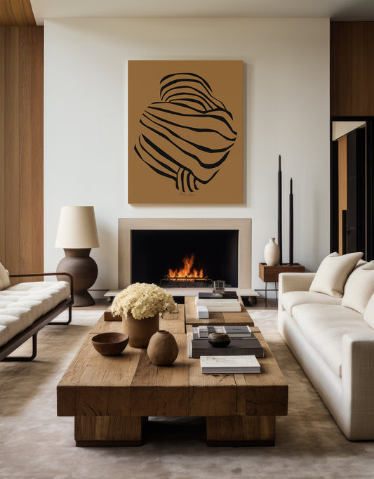 Modern living room with a fireplace, wooden coffee table, and abstract art.