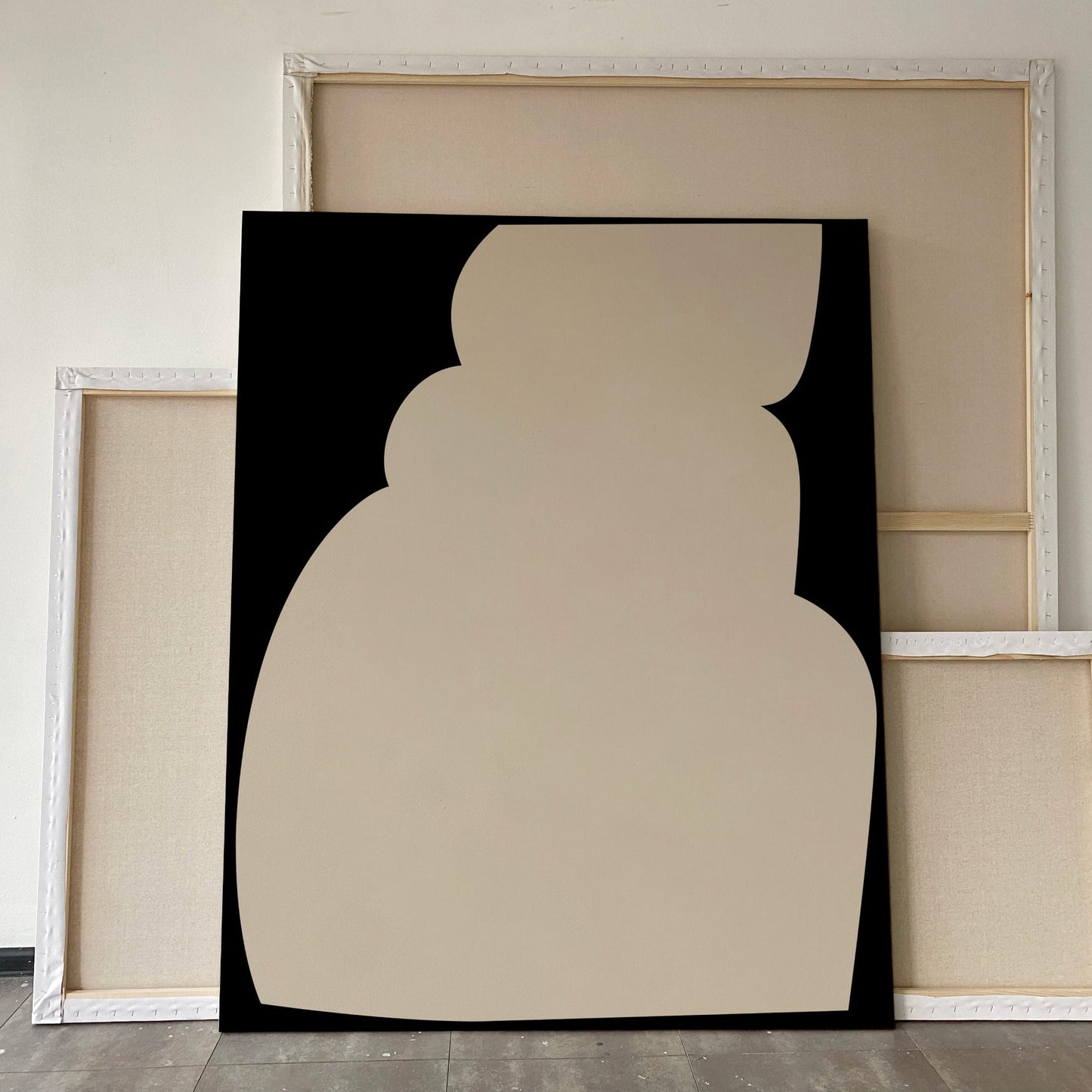 Abstract art piece with a black and beige color scheme on a plain wall. large canvas, acrylic on canvas, oversized wall art, abstract art, Anna Pepe, forn Studio