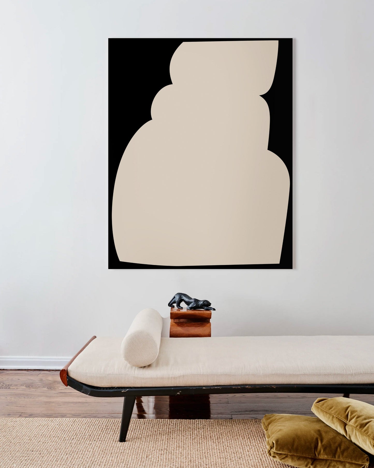Abstract art piece on a white wall above a modern bench with decorative pillows. large canvas, acrylic on canvas, oversized wall art, abstract art, Anna Pepe, forn Studio