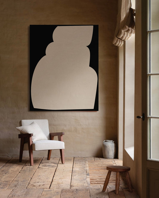 Abstract wall art piece on a beige wall with a chair and stool below, large canvas, acrylic on canvas, oversized wall art, abstract art, Anna Pepe, forn Studio