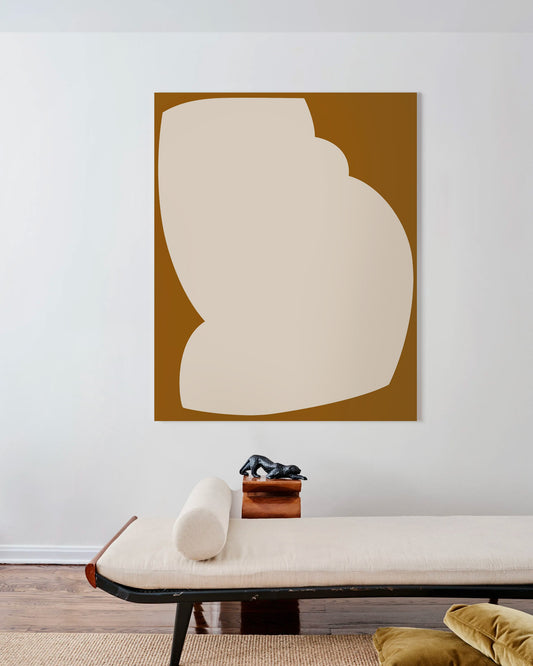 Abstract art piece on a wall above a bench in a room. large canvas, acrylic on canvas, oversized wall art, abstract art, Anna Pepe, forn Studio
