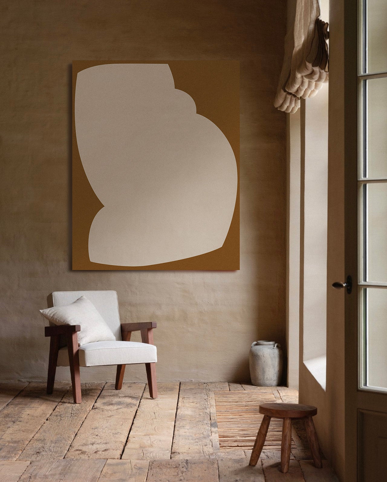 Abstract wall art in a room with a chair and stool. large canvas, acrylic on canvas, oversized wall art, abstract art, Anna Pepe, forn Studio