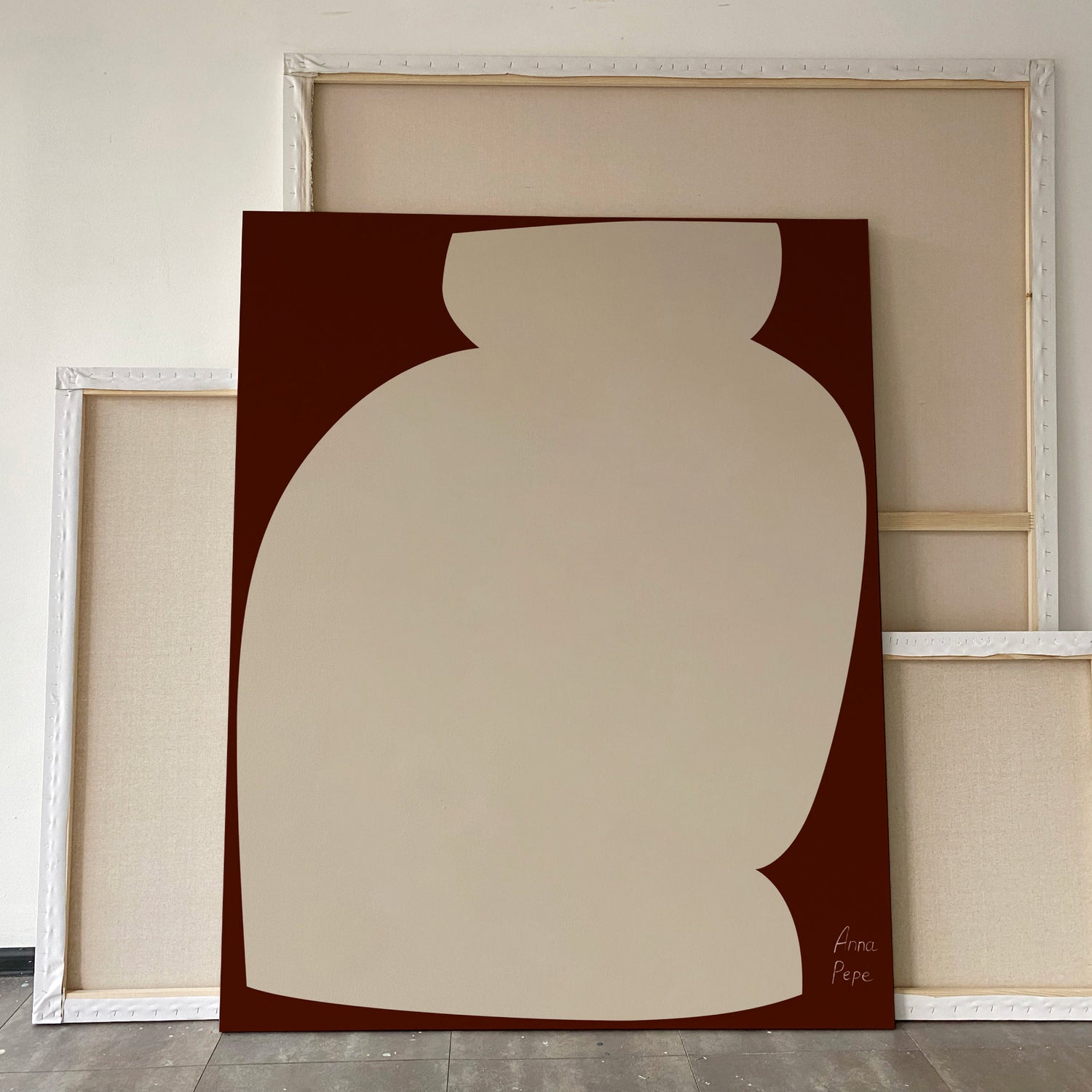Framed abstract art piece with a beige vase shape on a brown background, large canvas, acrylic on canvas, oversized wall art, abstract art, Anna Pepe, forn Studio