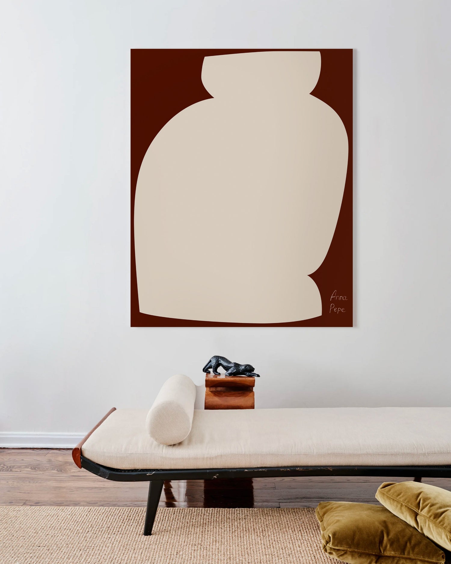 Abstract vase painting on a wall above a modern bench with decorative pillows, large canvas, acrylic on canvas, oversized wall art, abstract art, Anna Pepe, forn Studio