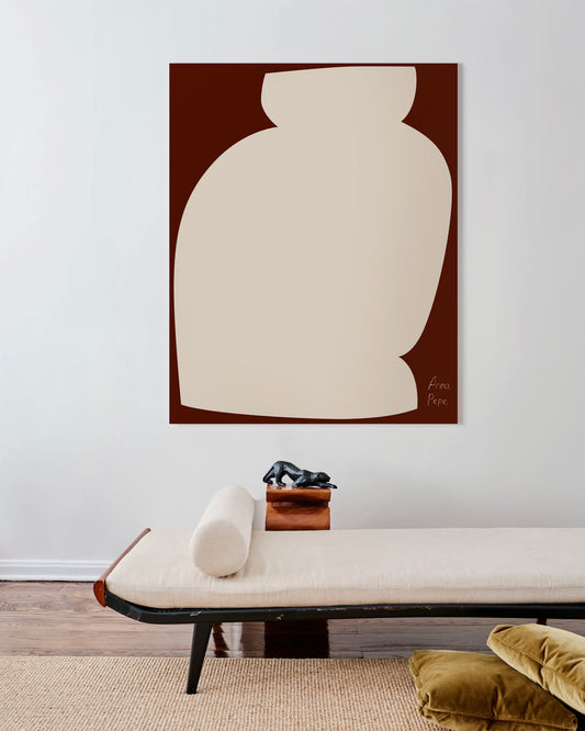 Abstract vase painting on a wall above a modern bench with decorative pillows, large canvas, acrylic on canvas, oversized wall art, abstract art, Anna Pepe, forn Studio