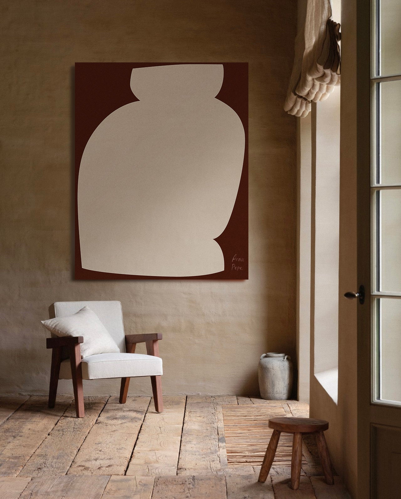 Room interior with a chair, stool, and abstract vase painting on the wall, large canvas, acrylic on canvas, oversized wall art, abstract art, Anna Pepe, forn Studio