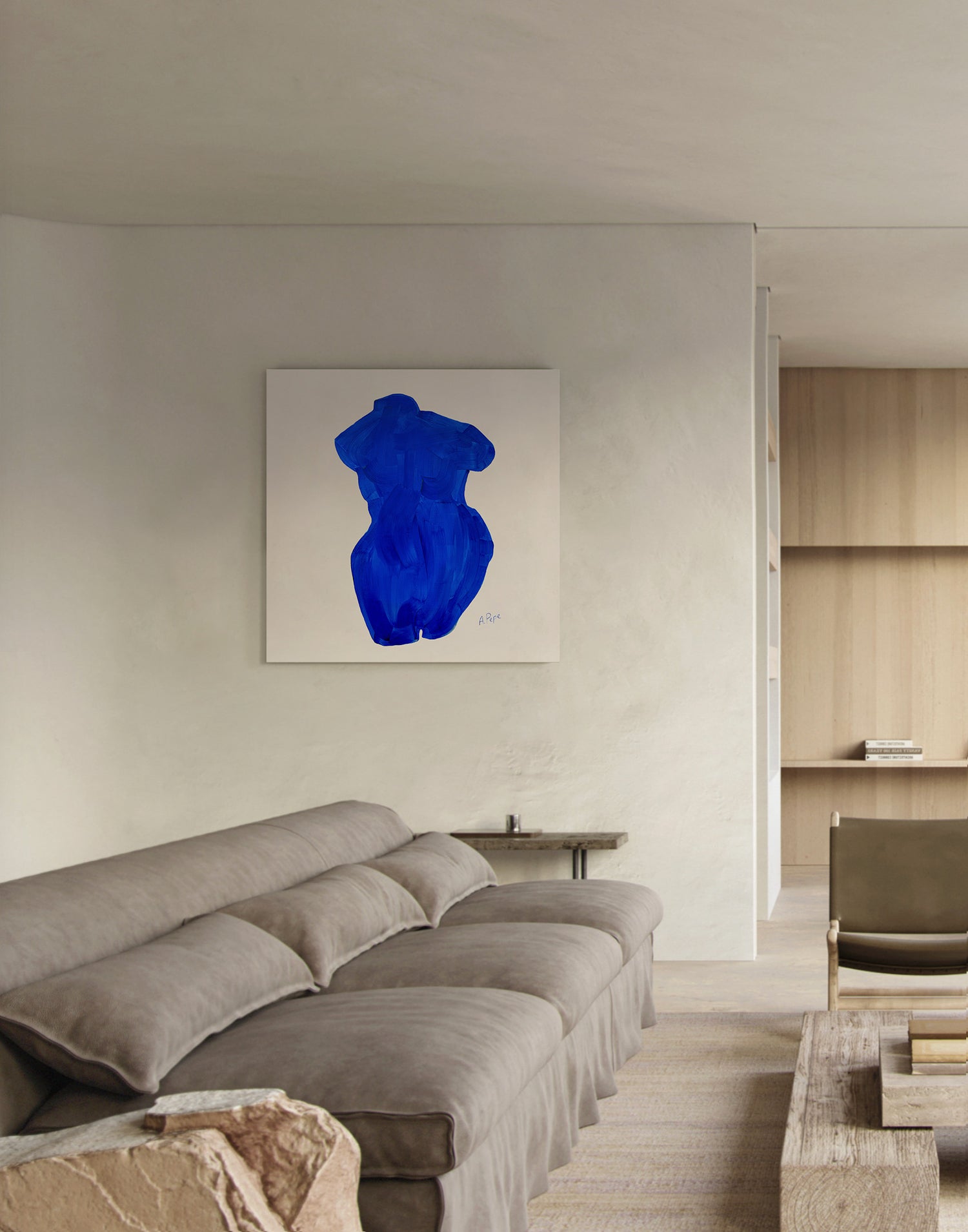 Modern living room with a gray sofa, abstract blue painting, and wooden shelves. large canvas, acrylic on canvas, oversized wall art, abstract art, Anna Pepe, forn Studio