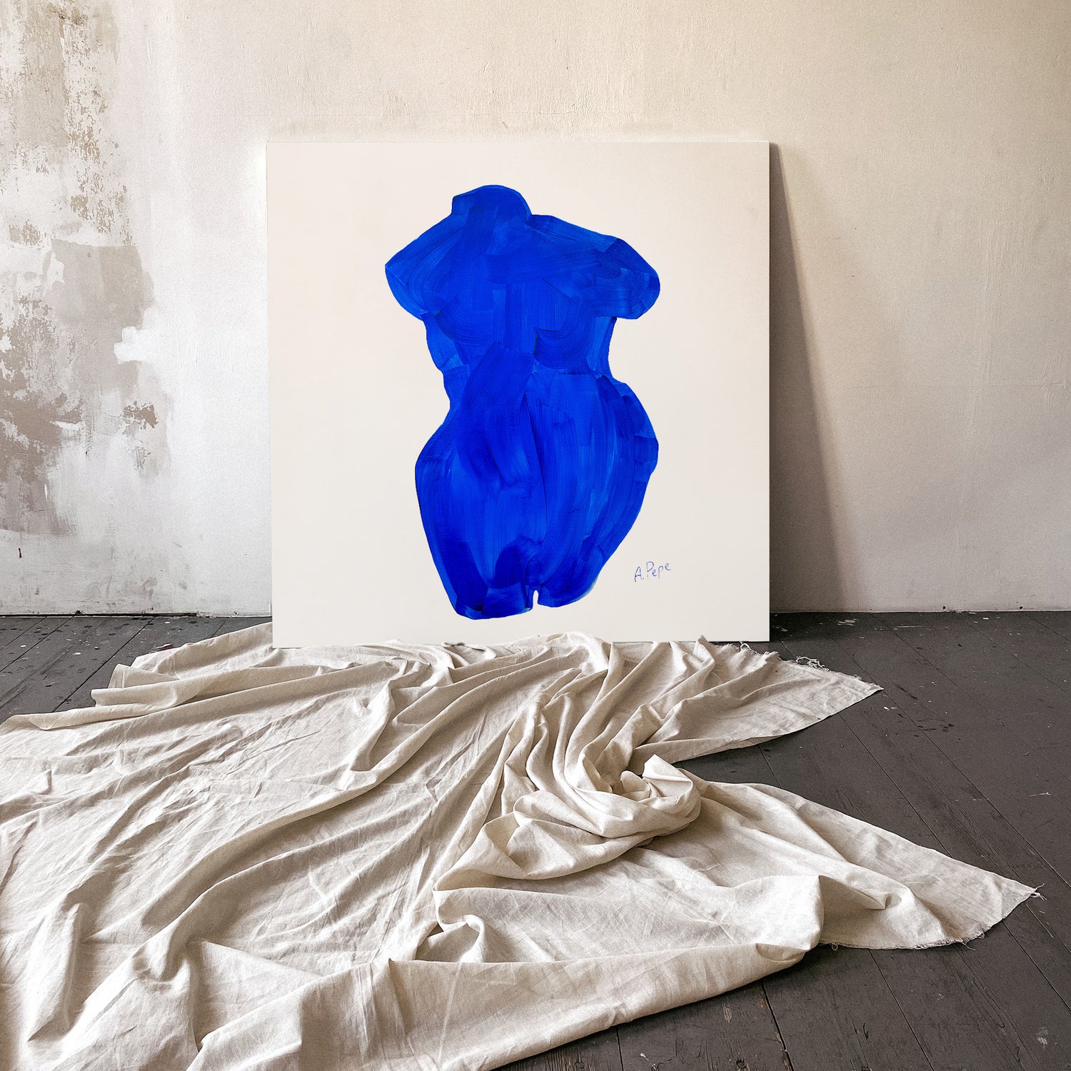 Abstract painting of a blue torso on a white canvas, leaning against a textured wall. large canvas, acrylic on canvas, oversized wall art, abstract art, Anna Pepe, forn Studio