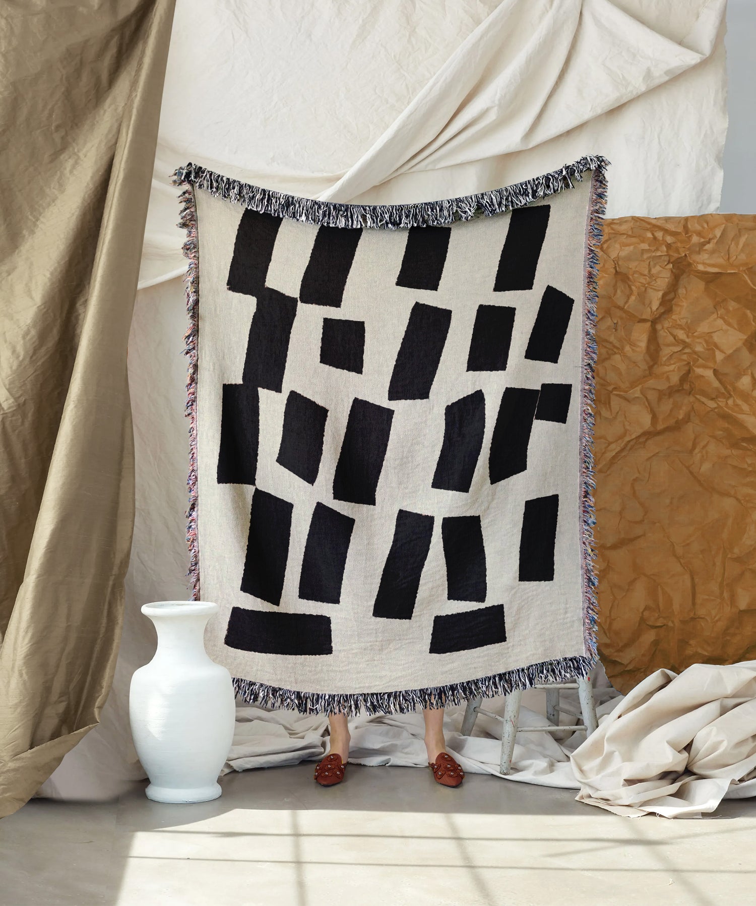 Woven throw, cotton plaid, decor, blanket, living room home decor, beige, black, abstract