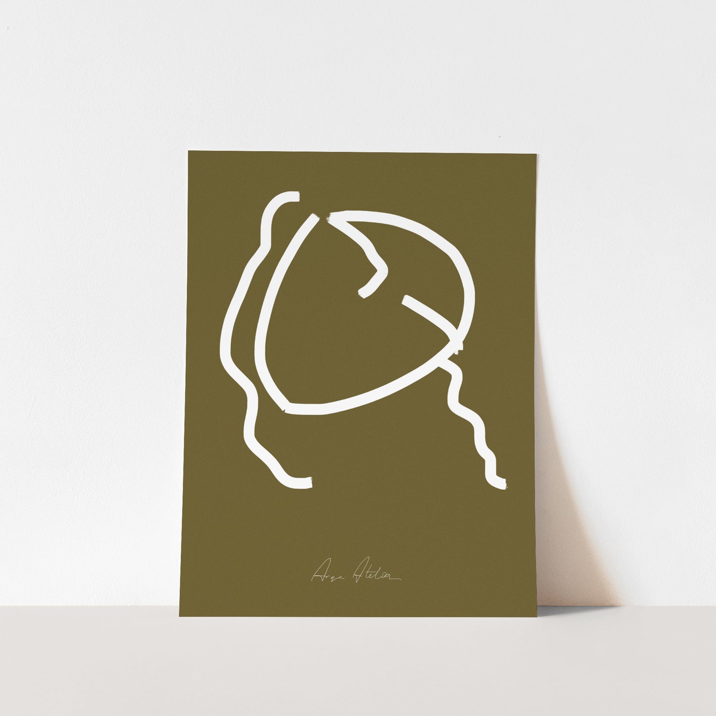 Contemporary abstract female figure print. Minimalist wall art in olive green and white color.