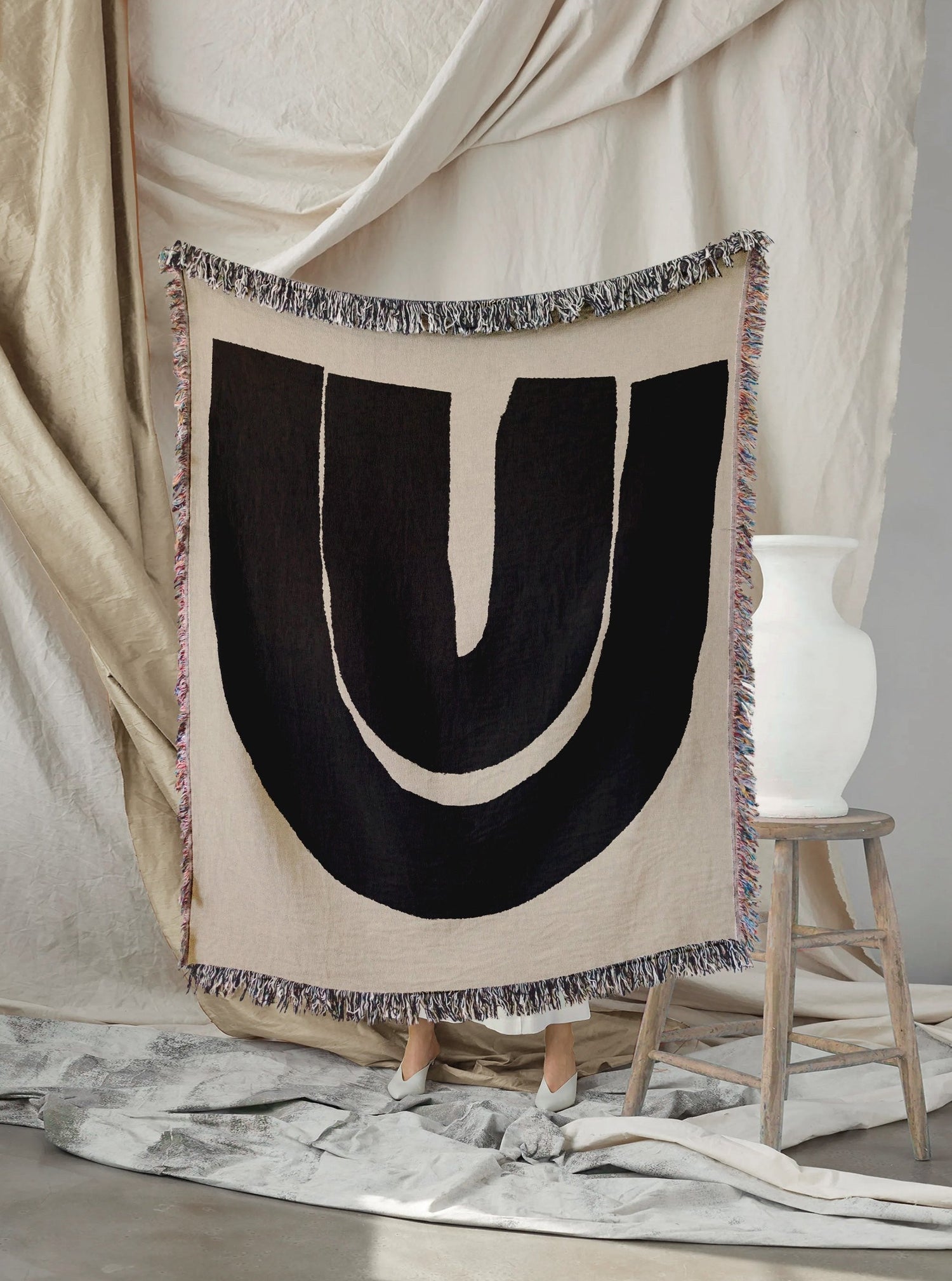Woven throw, cotton plaid, decor, blanket, living room home decor, beige, black, abstract