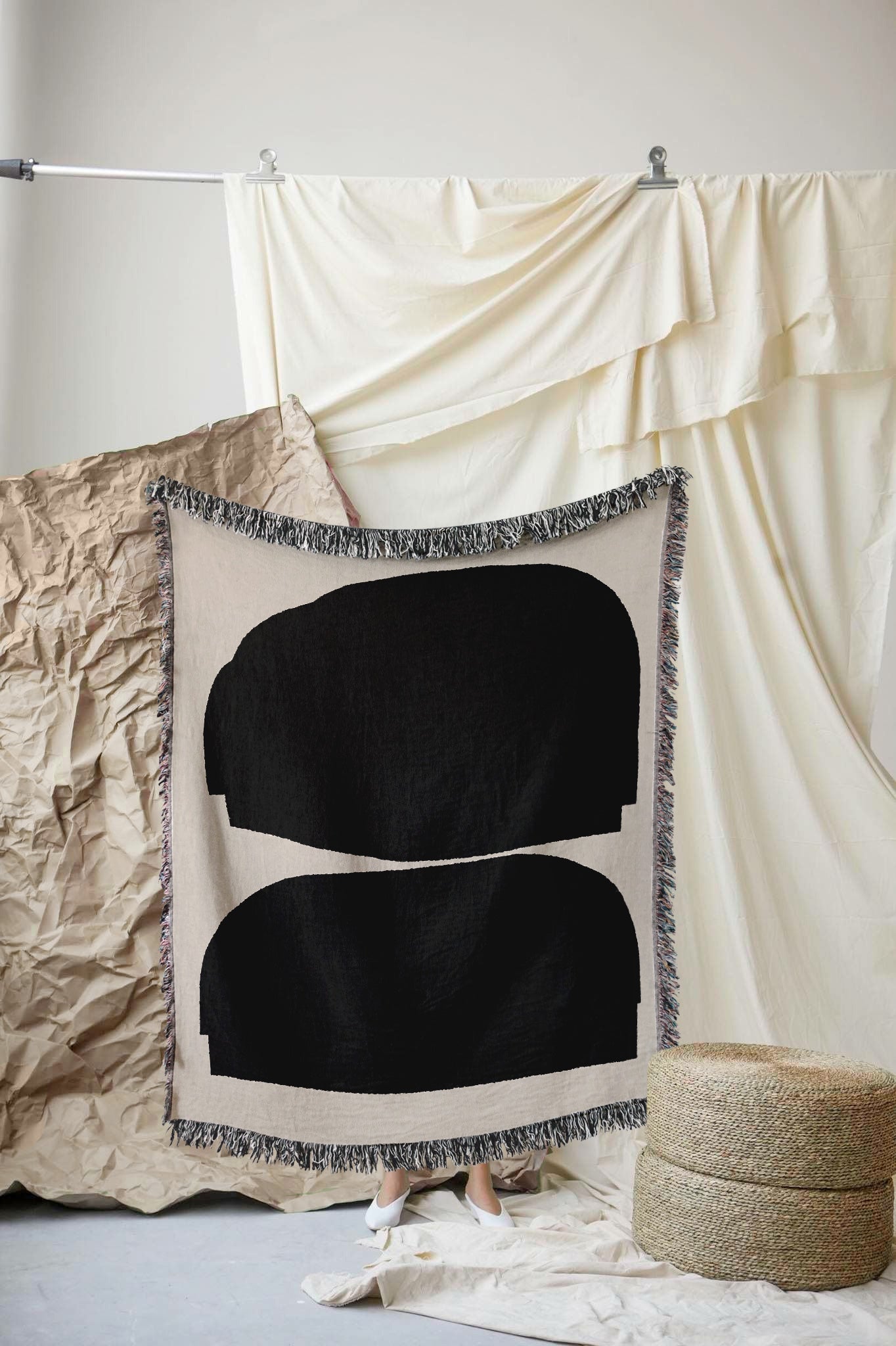 Woven throw, cotton plaid, decor, blanket, living room home decor, beige, black, abstract