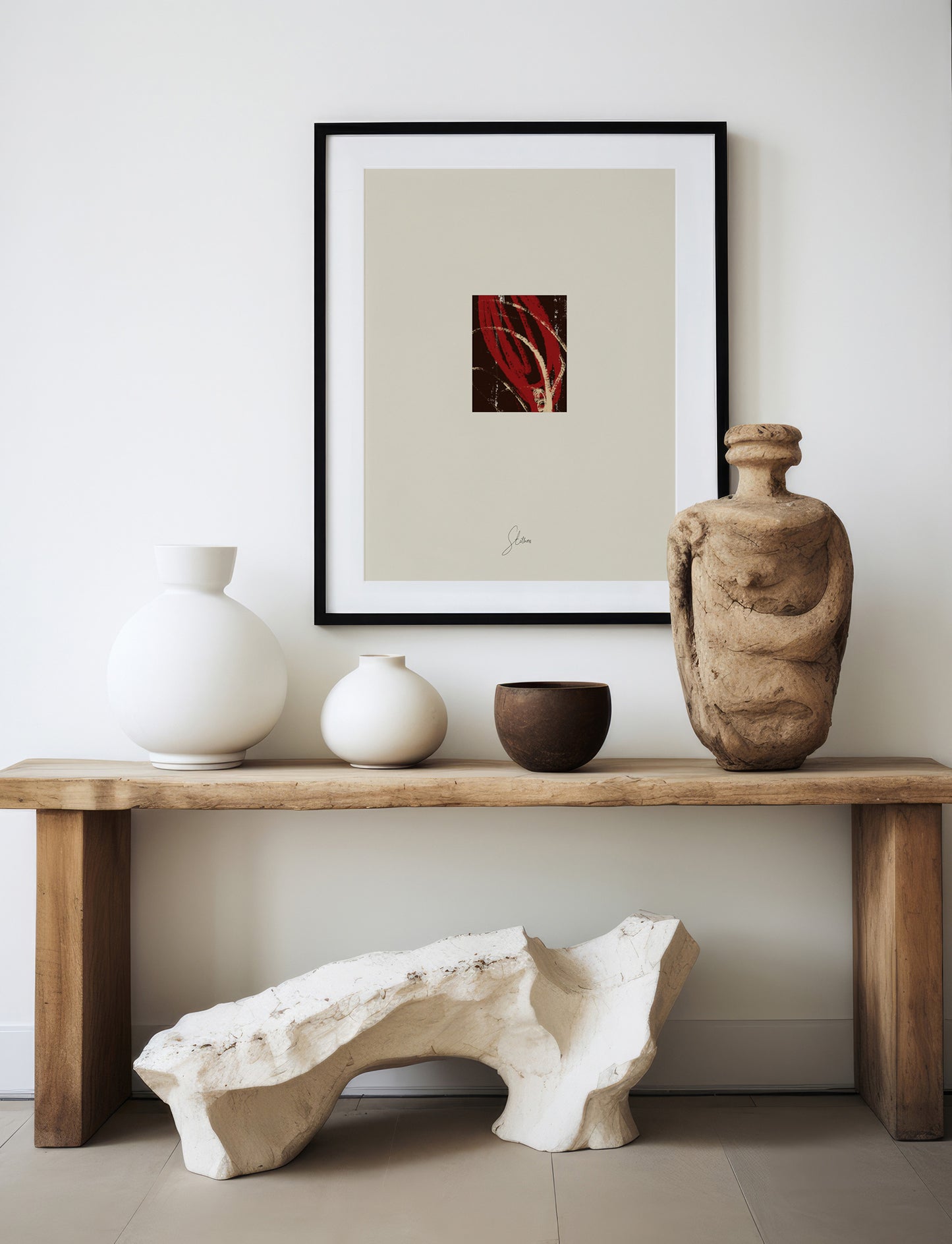 Decorative setup with vases and a framed artwork on a wooden shelf against a white wall. anna pepe, artist, contemporary art, printed wall art, framed prints, modern interior decor