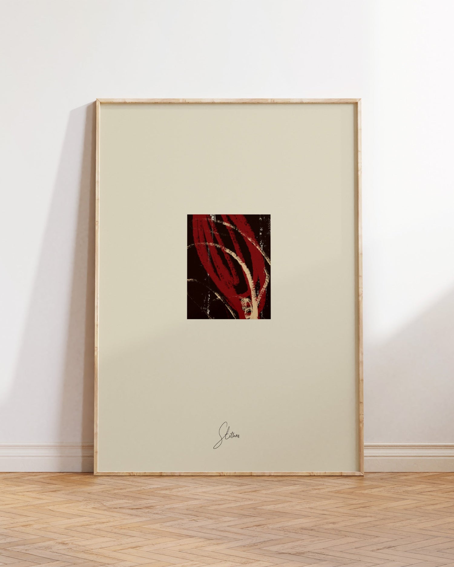 Framed abstract artwork on a white wall with wooden floor. anna pepe, artist, contemporary art, printed wall art, framed prints, modern interior decor