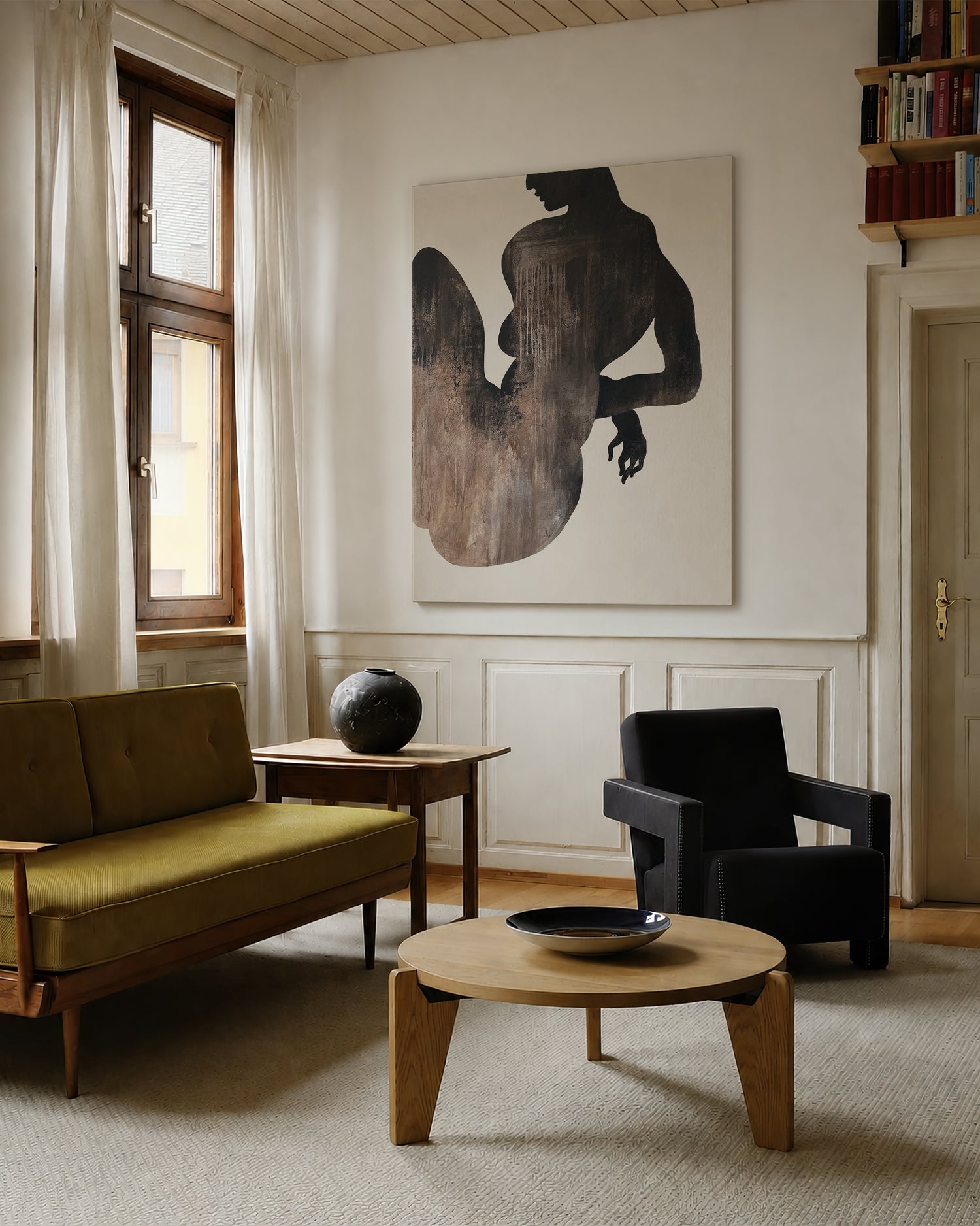 Modern living room with a contemporary wall art, wooden sofa, black armchair, and round coffee table. large canvas, acrylic on canvas, oversized wall art, abstract art, Anna Pepe, forn Studio