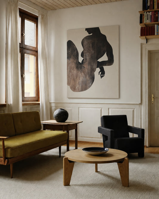 Modern living room with a contemporary wall art, wooden sofa, black armchair, and round coffee table. large canvas, acrylic on canvas, oversized wall art, abstract art, Anna Pepe, forn Studio