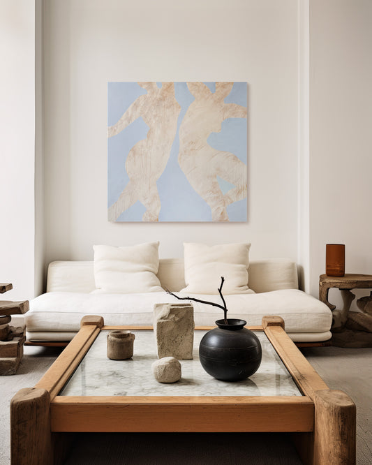 Living room with a white sofa, wooden coffee table, and abstract art on the wall, large canvas, acrylic on canvas, oversized wall art, abstract art, Anna Pepe, forn Studio