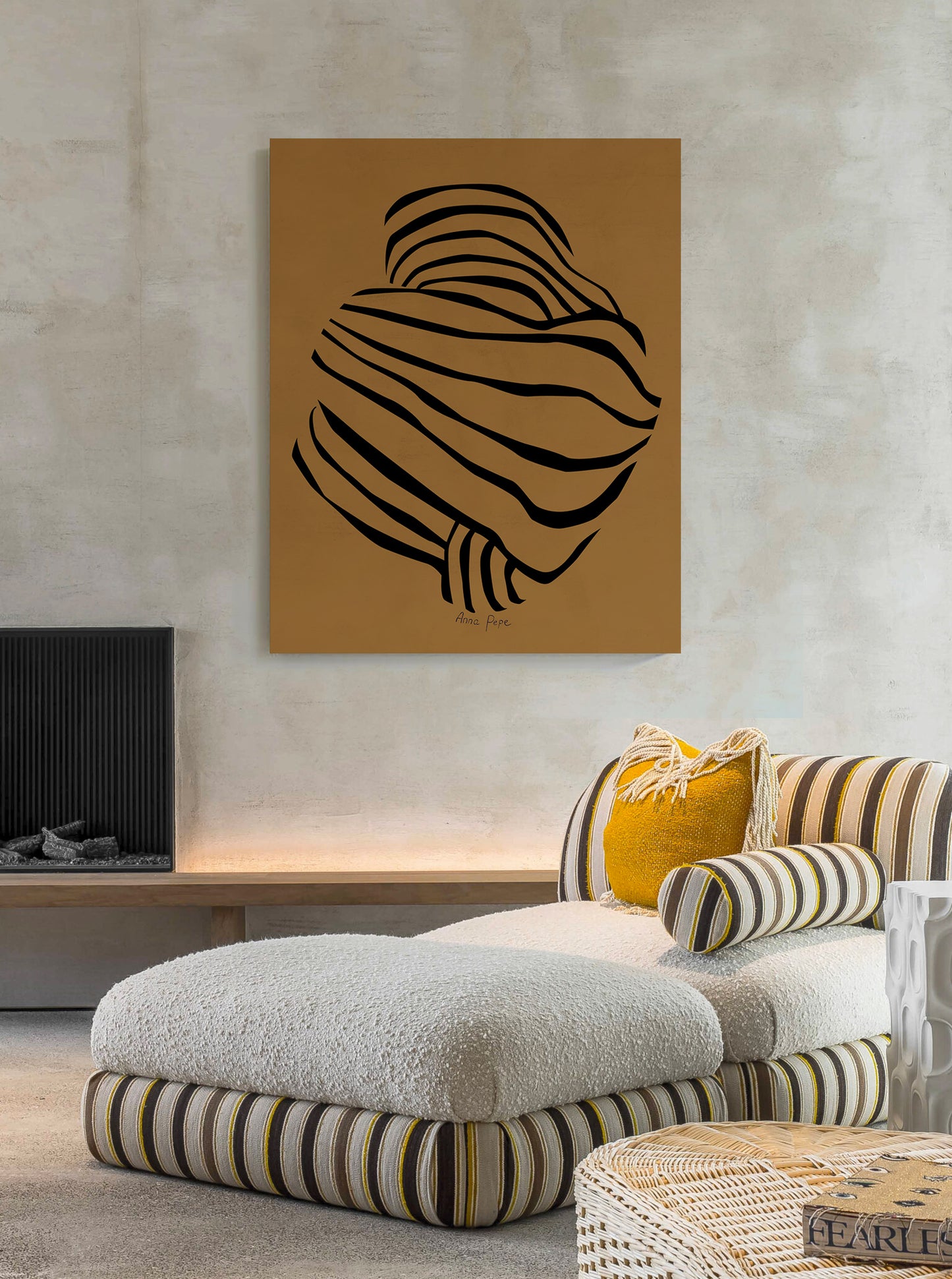 Abstract art piece on a wall above a modern living room setup.