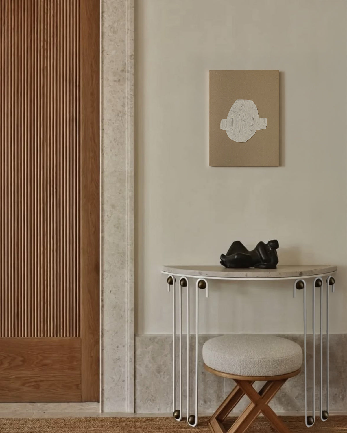 Modern interior with a half-moon console table, stool, and abstract wall art. artist anna pepe, forn studio, abstract painting, small art work, female abstract form