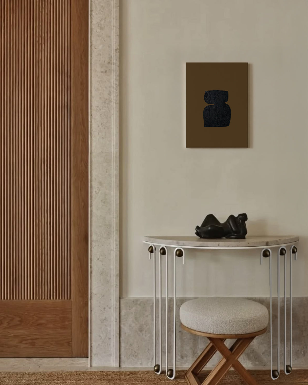 Modern interior with a console table, stool, and abstract wall art. artist anna pepe, forn studio, abstract painting, small art work, female abstract form