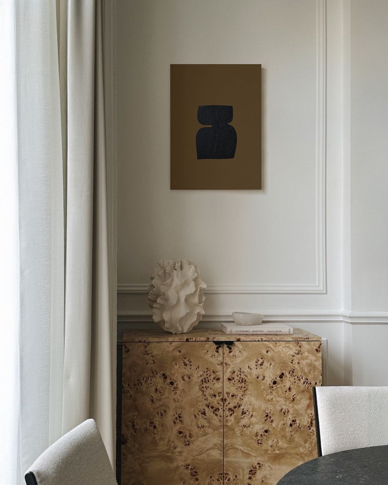 Decorative interior with a textured cabinet, sculpture, and abstract art on a wall. artist anna pepe, forn studio, abstract painting, small art work, female abstract form