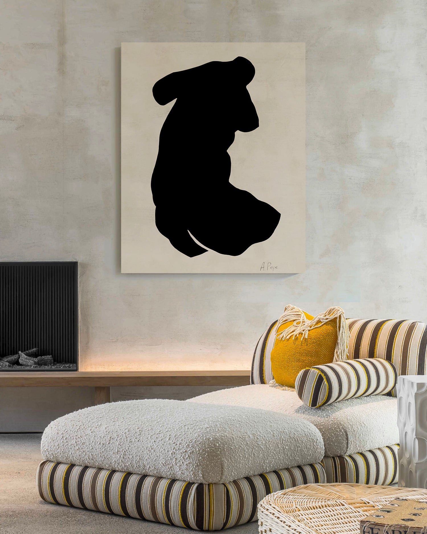 Modern living room with a striped chaise lounge and abstract art on the wall. Artwork by Anna Pepe