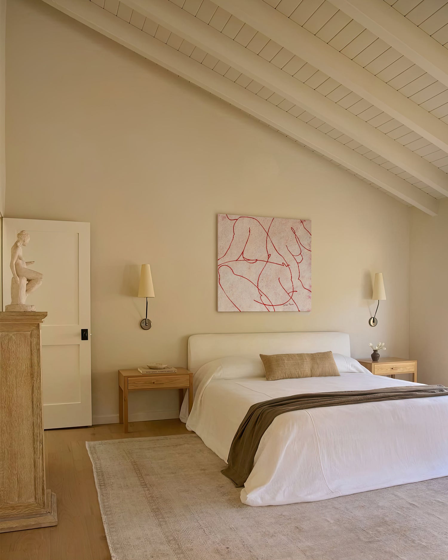 Neatly arranged bedroom with a bed, nightstands, and wall art. large canvas, acrylic on canvas, oversized wall art, abstract art, Anna Pepe, forn Studio