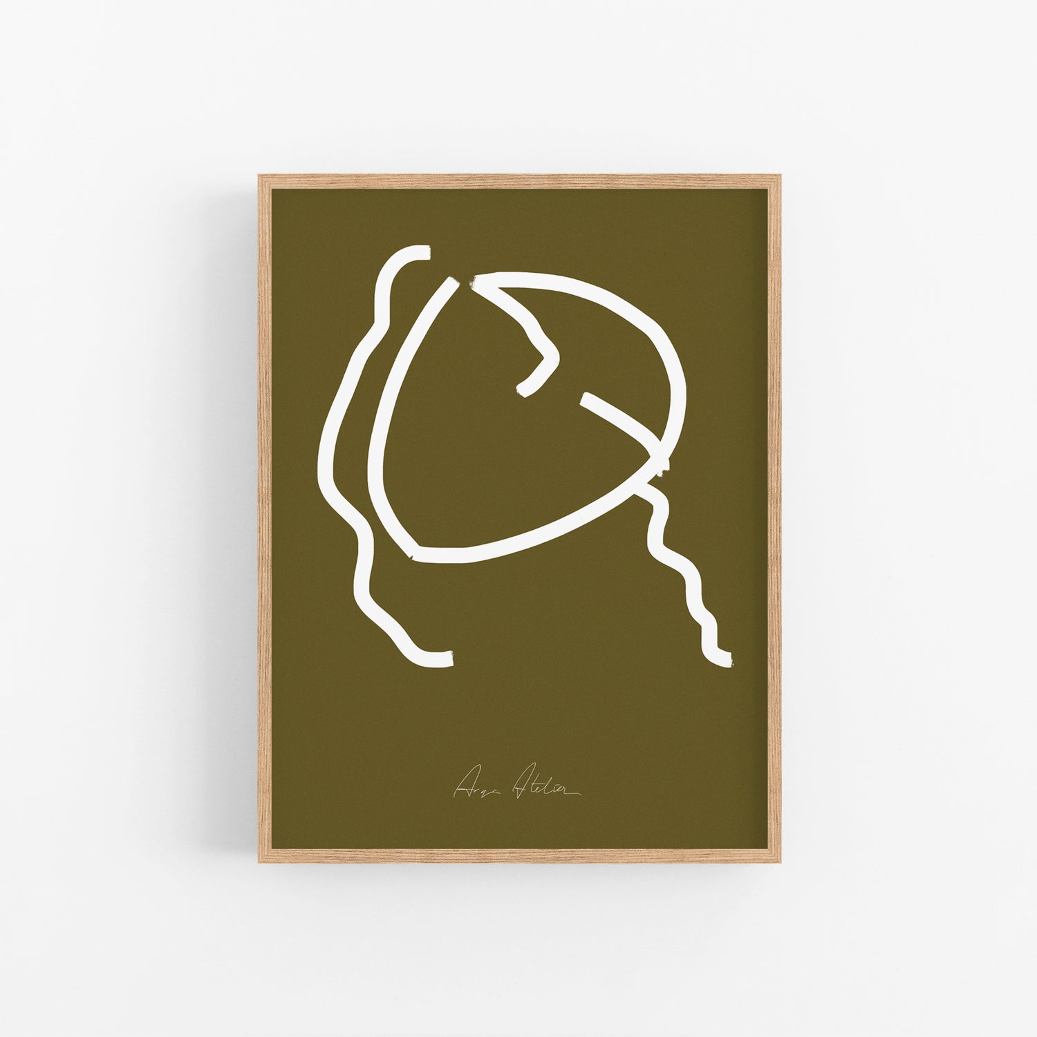 Contemporary abstract female figure print. Minimalist wall art in olive green and white color.