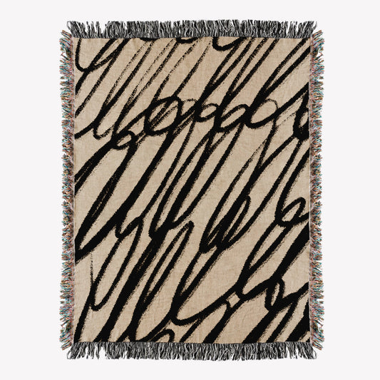 Woven throw, cotton plaid, decor, blanket, living room home decor, beige, black, abstract