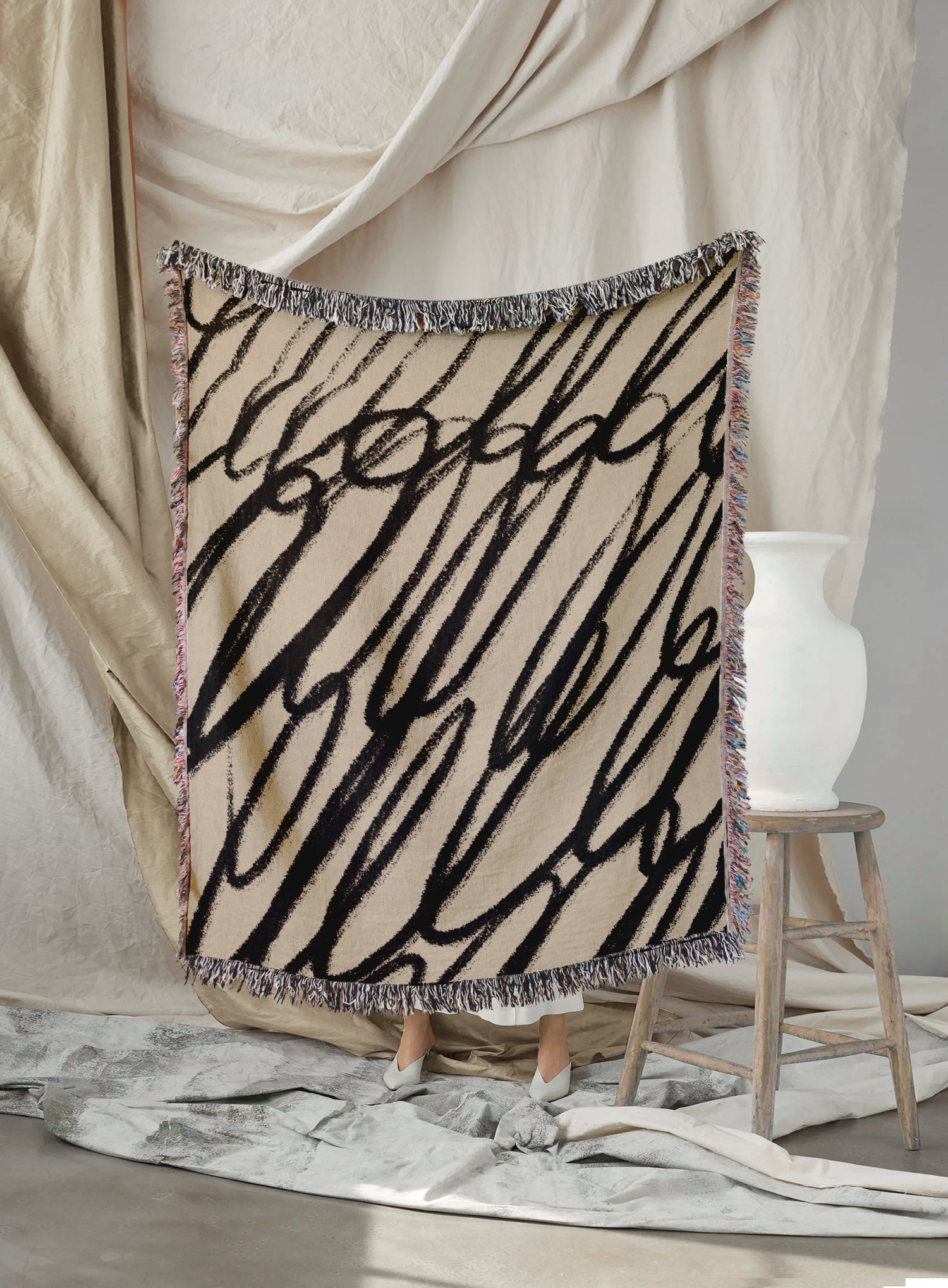 Woven throw, cotton plaid, decor, blanket, living room home decor, beige, black, abstract