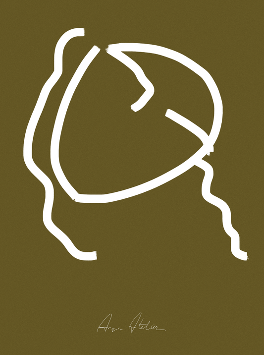Contemporary abstract female figure print. Minimalist wall art in olive green and white color.